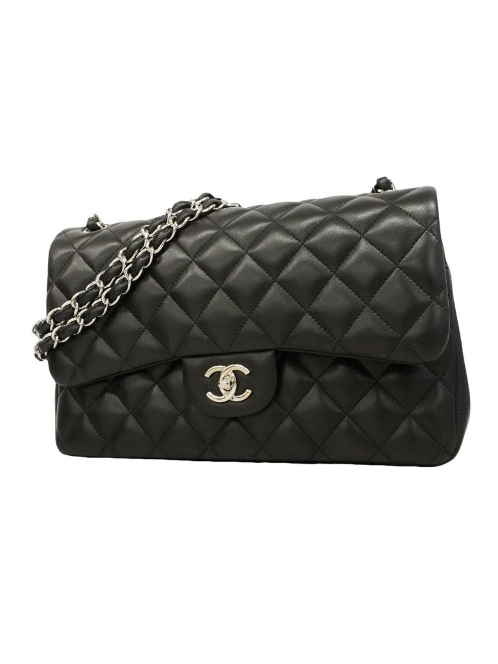 Chanel Shoulder Bag Maxi Quilted Lambskin Black Silver
